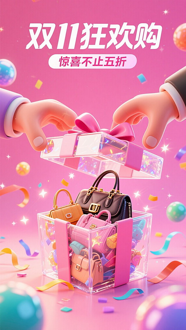 梦幻粉红背景，软3D风卡通手打开透明礼盒，涌出缤纷包包，搭配玻璃质感与彩带飘洒，营造甜蜜喜庆的双11狂欢氛围。