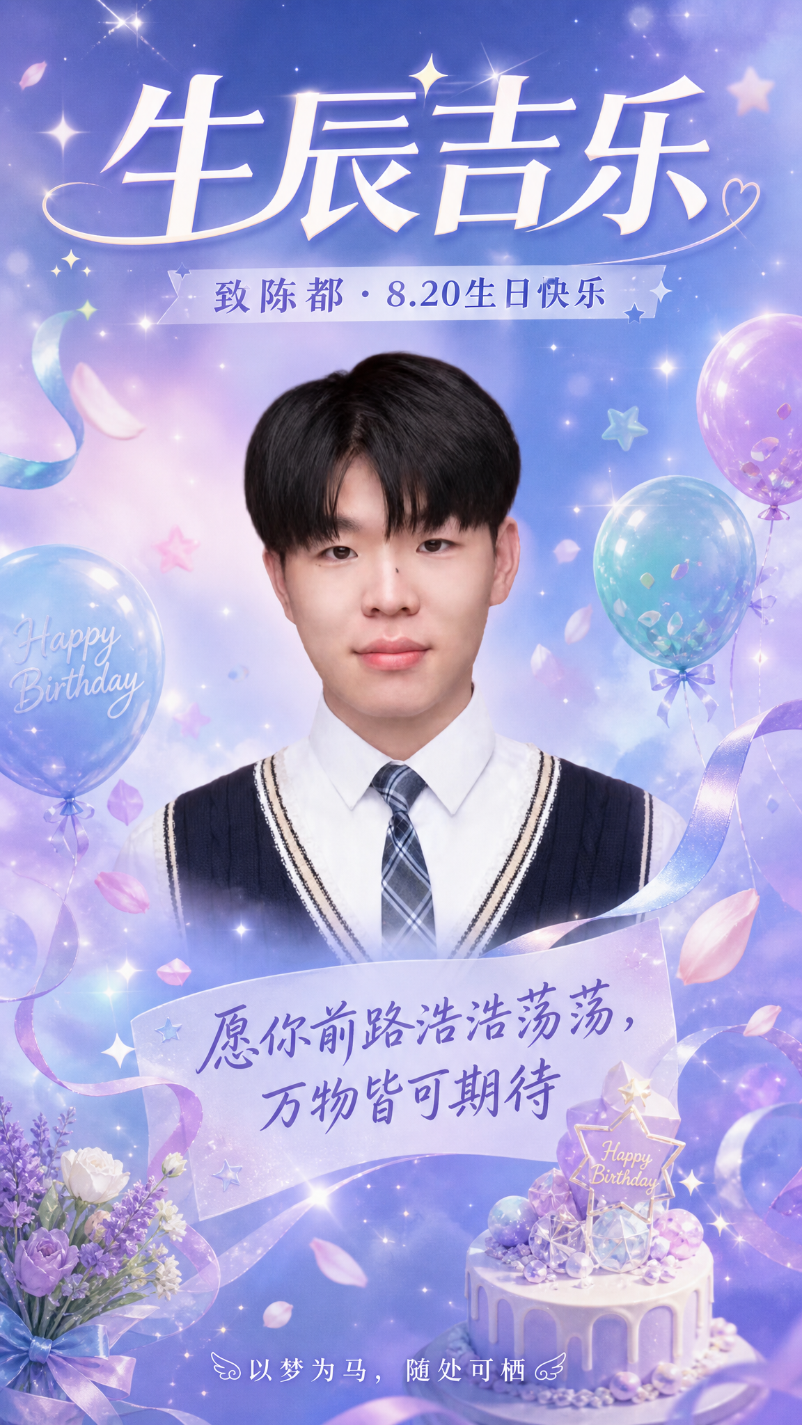基于这张人物证件照，制作一张生日祝福海报。人物保留原图面部特征… - 图片创意预览