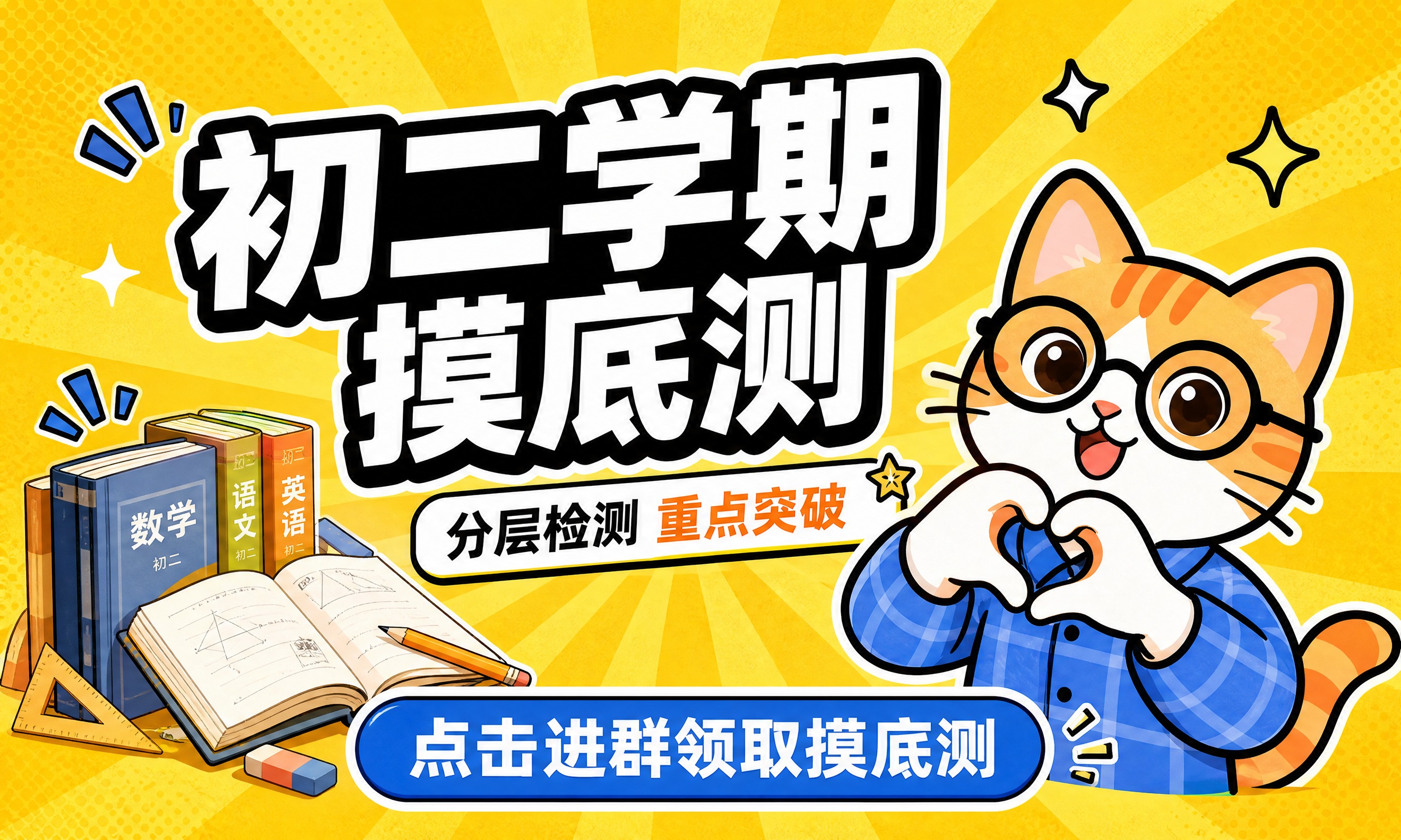 参考图1的卡通手绘风格和黄色放射背景，生成一张初二学期摸底测课… - 图片创意预览