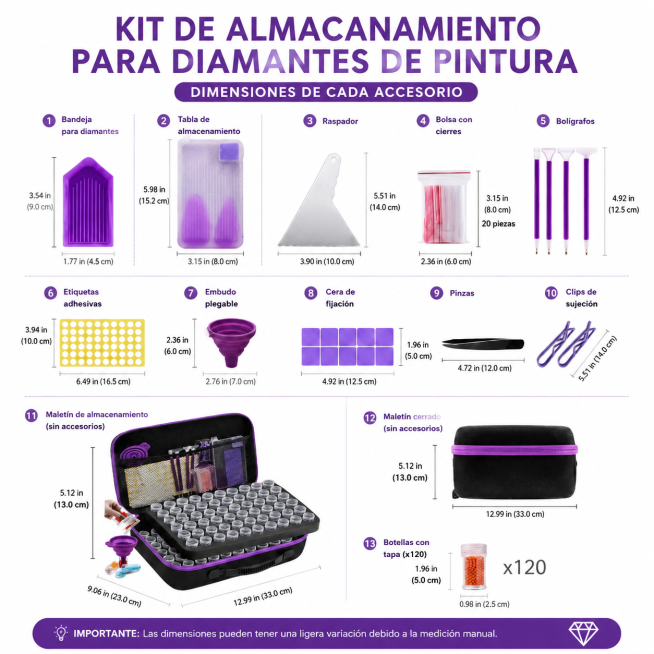 Póster de dimensiones para kit de almacenamiento de diamantes de pintura, mostrar claramente las med预览效果