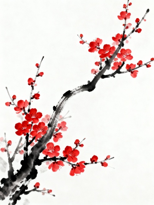 中国传统水墨画风格的梅花图，以纯净的白色为背景，画面中一枝遒劲的墨色梅枝斜向伸展，枝干线条流畅有力，呈现出自然的弯曲与分叉，枝头点缀着数十朵鲜艳的红色梅花，花朵形态简洁明快，花瓣层次分明，整体构图疏朗预览效果