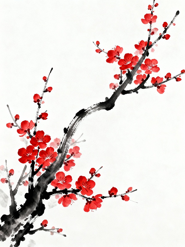 中国传统水墨画风格的梅花图，以纯净的白色为背景，画面中一枝遒劲的墨色梅枝斜向伸展，枝干线条流畅有力，呈现出自然的弯曲与分叉，枝头点缀着数十朵鲜艳的红色梅花，花朵形态简洁明快，花瓣层次分明，整体构图疏朗有致，意境清雅，具有浓郁的东方韵味和简洁的设计感。