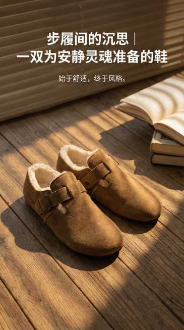 大图： 阳光从百叶窗洒入，照射在放在木质地板的一双勃肯鞋上，旁边有书本的阴影。整体色调温暖安静。

大字标题： 步履间的沉思 | 一双为安静灵魂准备的鞋

小字副标： 始于舒适，终于风格。预览效果