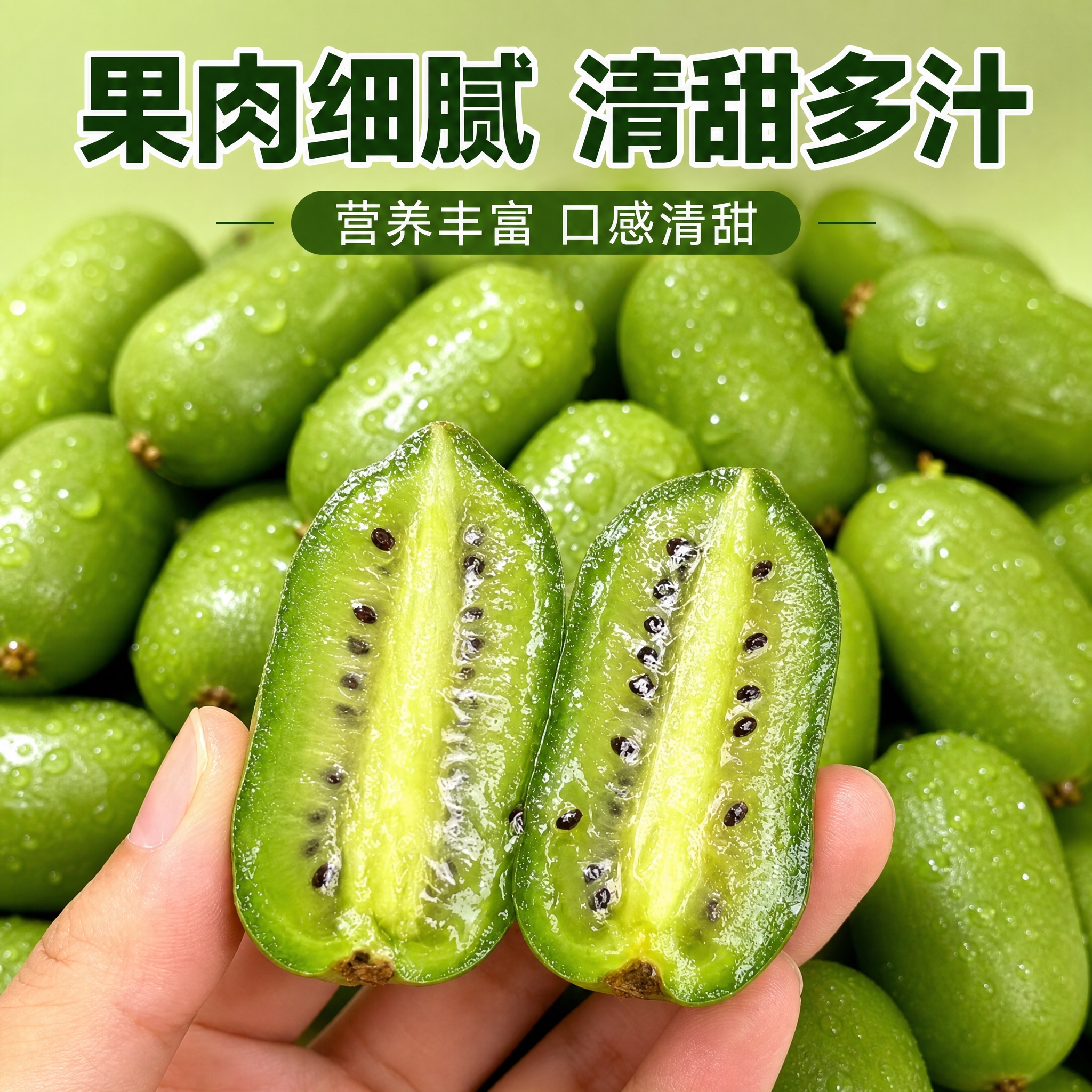 软枣猕猴桃电商主图细节特写，抖音1:1。一只手拿着两半切开的软… - 图片创意预览