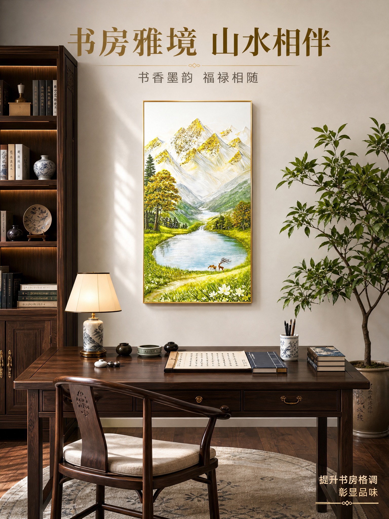 [商品] 使用【图1】福禄双全山水风景装饰画；保留金色铝合金细… - 图片创意预览