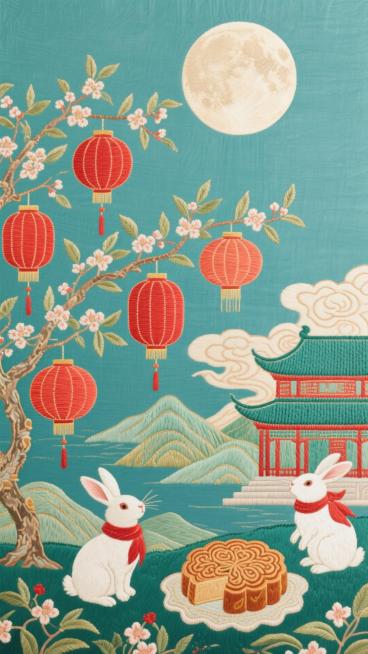 中国风刺绣风格，展现中秋节场景，画面中有一轮明亮的圆月，几盏红色的灯笼在空中飘浮，还有开满花的桂树枝桠。两只可爱的白色兔子，系着红色围巾，坐在一块大大的、带有精致花纹的月饼上，其中一只兔子拿着月饼，另预览效果