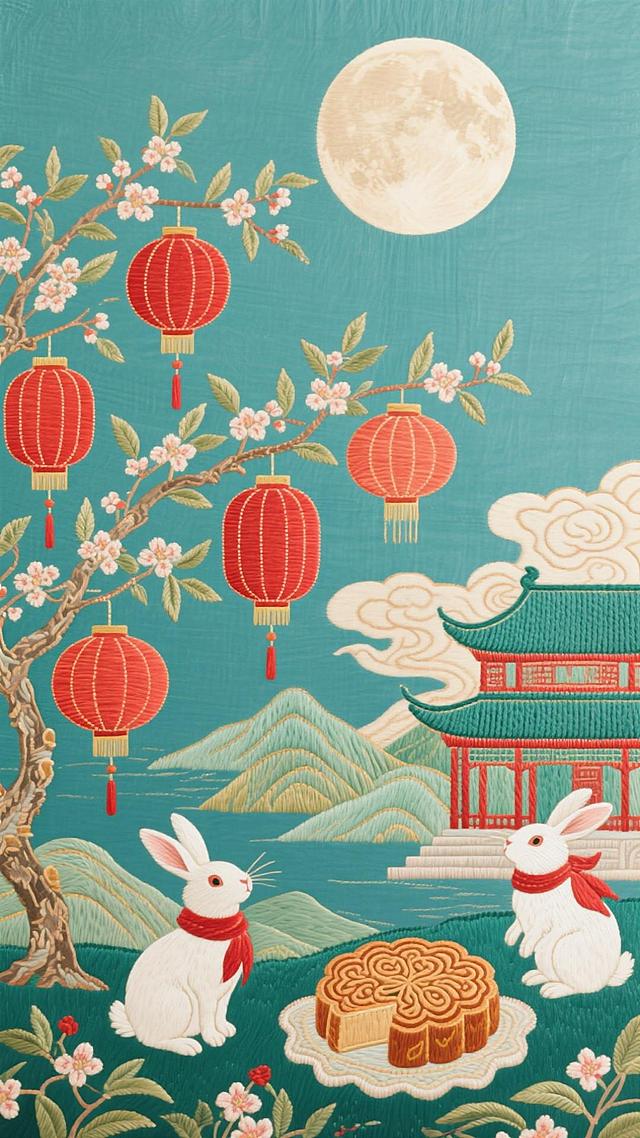工笔刺绣风融合浮世绘元素，红灯笼与玉兔共赏圆月，中式喜庆与梦幻意境交织，重拟物手法呈现中秋佳节的细腻之美。