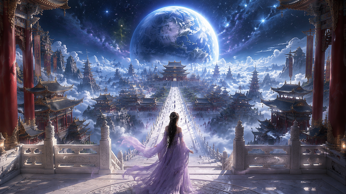 宇宙云海天宫秘境，云海之上的东方仙宫，史诗级中式仙侠美学场景，极繁主义细节，极致对称空间压迫感，兼具恢弘仙气与空灵孤寂感，对称纵深构图，以白玉天街与巨型地球为引导线，强化从近景女子到远景宇宙的多层级空预览效果