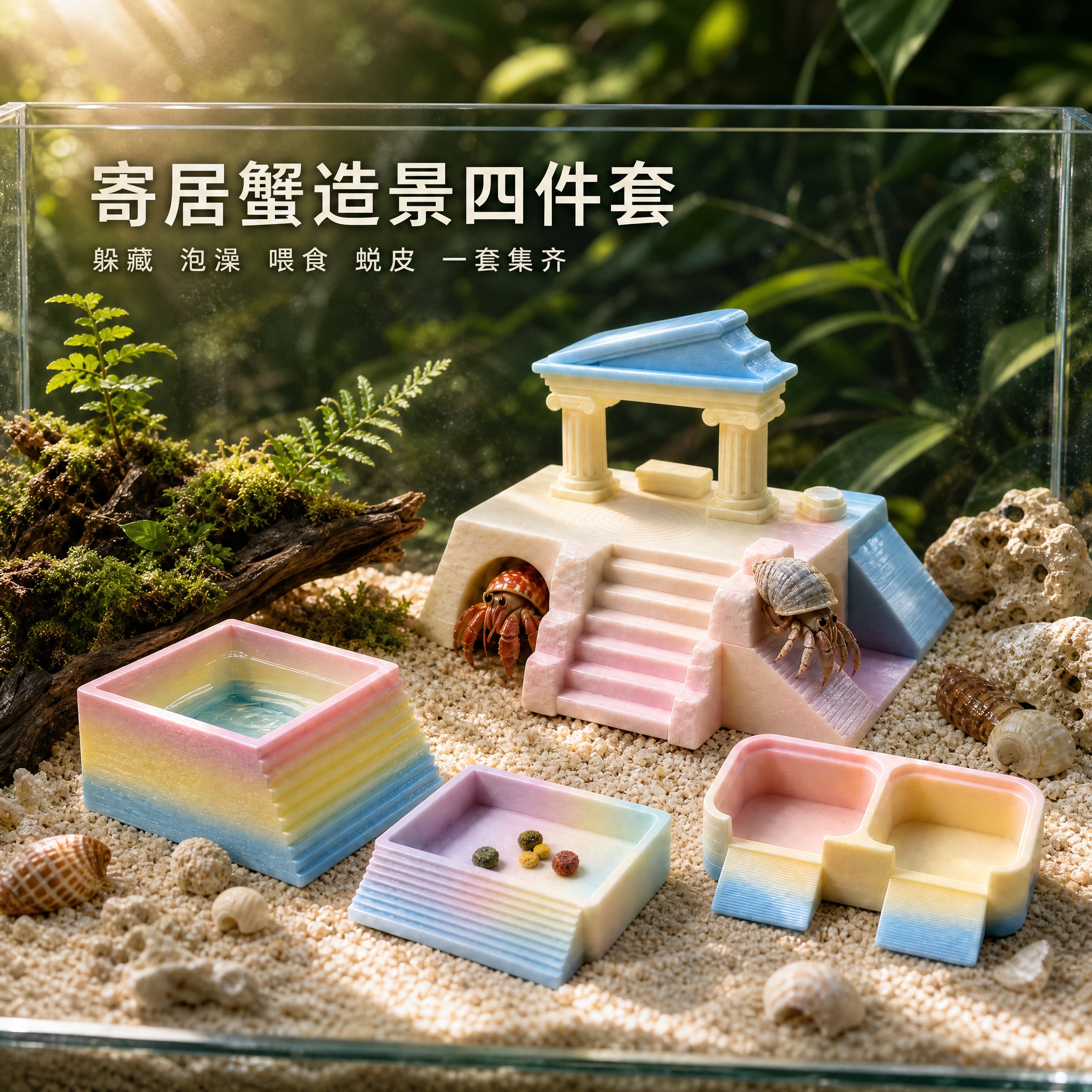将背景改为寄居蟹饲养箱内部场景，营造高级有设计感的造景缸内视角… - 图片创意预览