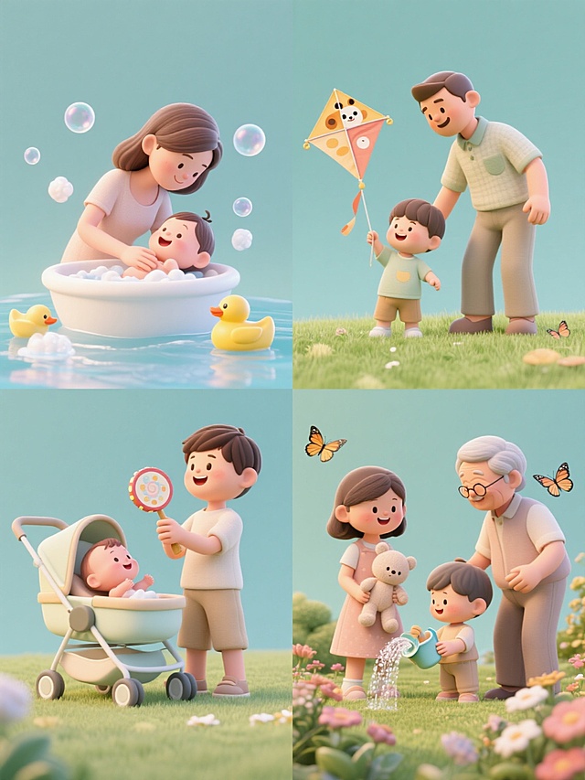 4个不同母婴亲子场景的3D渲染插画系列，保持柔和圆润的3D卡通风格，统一的低饱和度纯色背景（每个场景背景色不同），相同的细腻光影处理和温馨氛围。第一个场景：母亲温柔地给婴儿洗澡，周围有漂浮的肥皂泡和小黄鸭玩具；第二个场景：父亲陪幼儿在草地上放风筝，风筝是可爱的动物造型，孩子露出开心的笑容；第三个场景：哥哥姐姐和小宝宝一起玩耍，哥哥拿着拨浪鼓，姐姐抱着玩偶，围绕在婴儿车旁；第四个场景：祖父母带着孙子孙女在花园里浇花，孩子们认真地拿着小水壶，周围有蝴蝶飞舞。所有人物穿着简约舒适的服饰，画面充满亲情与温暖，元素清晰，构图规整，适合作为母婴产品系列宣传素材，整体排布整齐有序。
