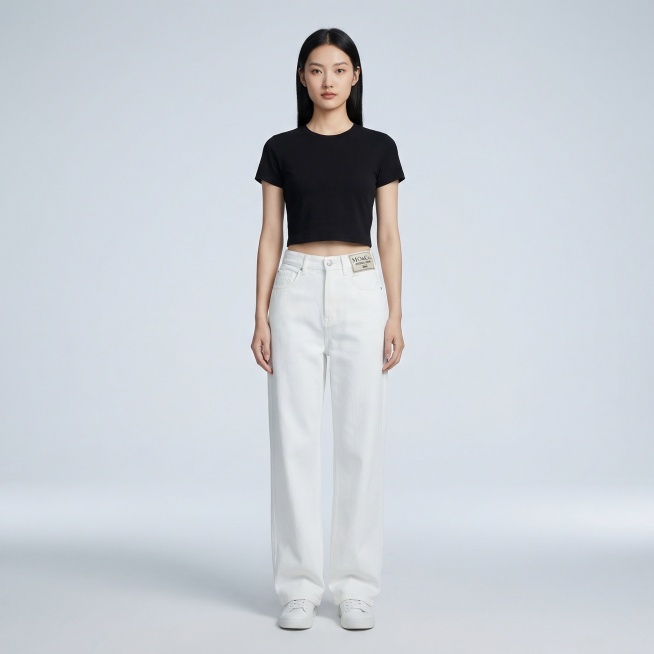 东方温婉女模特，放松站立姿态，搭配黑色短款露腰T恤，展示下半身白色阔腿牛仔裤+脚部，保持原牛仔裤白色面料和品牌一致，浅灰色渐变纯色背景，正面全身构图，均匀影棚柔光，无多余杂物，索尼A7M4拍摄，50m预览效果