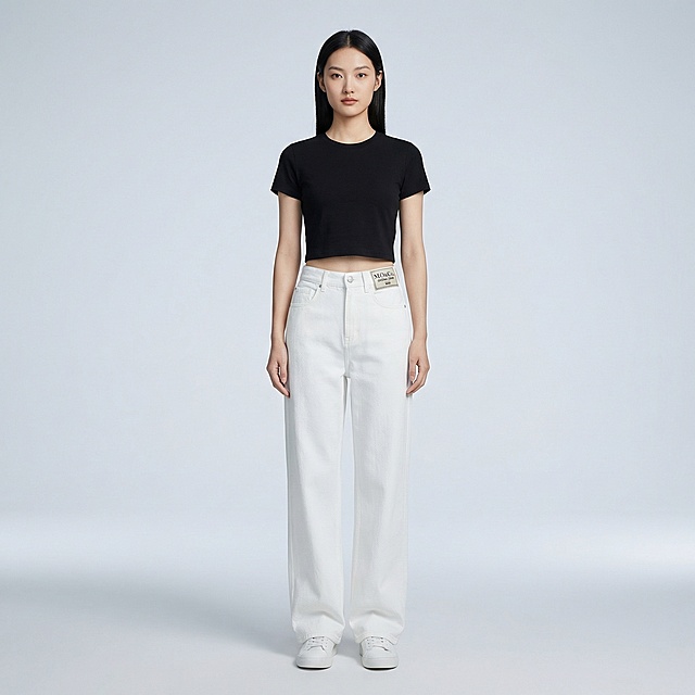 东方温婉女模特，放松站立姿态，搭配黑色短款露腰T恤，展示下半身白色阔腿牛仔裤+脚部，保持原牛仔裤白色面料和品牌一致，浅灰色渐变纯色背景，正面全身构图，均匀影棚柔光，无多余杂物，索尼A7M4拍摄，50mm f/2.0镜头，高清质感，极简高级风，淘宝女装主图标准，线条利落大气，保持牛仔裤版型为阔腿裤不变，保持产品商标和文字原样不变。
