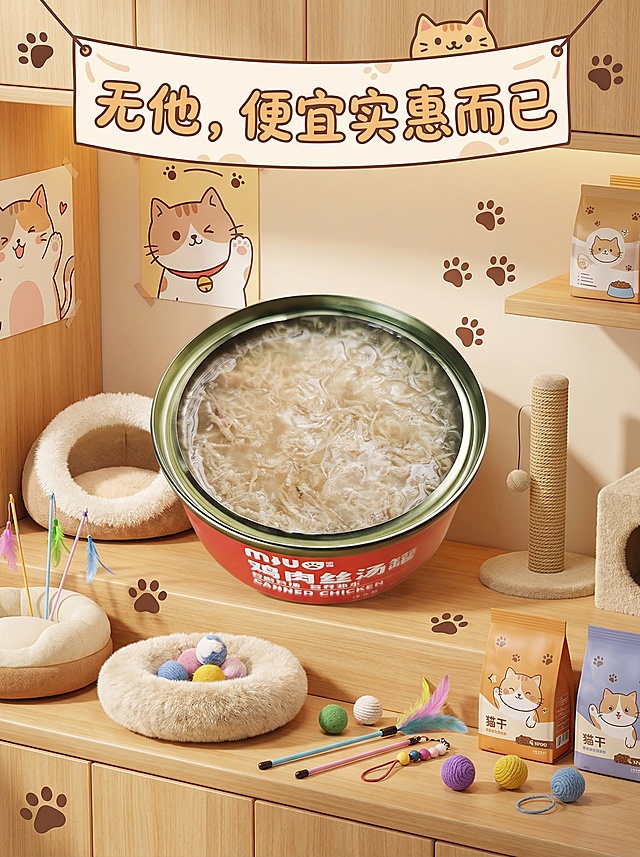 生成3:4比例的电商场景图，猫罐头产品，文字写：无他，便宜实惠而已。文字可爱点