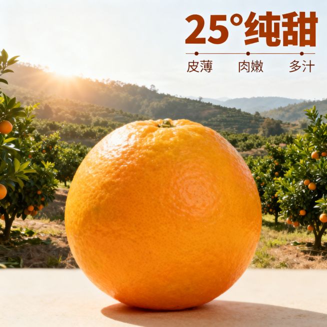 [主图 2] 赣南脐橙核心品质展示，产地溯源
[氛围风格] 真实自然原产地氛围，阳光充足
[画面元素] 商业摄影质感、光线柔和通透、产品清晰真实、画面干净高级。整颗脐橙放置前景，背景是连绵的赣南橙园实预览效果