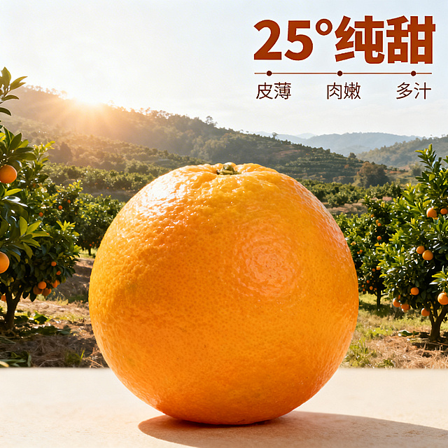 [主图 2] 赣南脐橙核心品质展示，产地溯源
[氛围风格] 真实自然原产地氛围，阳光充足
[画面元素] 商业摄影质感、光线柔和通透、产品清晰真实、画面干净高级。整颗脐橙放置前景，背景是连绵的赣南橙园实景，用引线标注产品特点：皮薄、肉嫩、多汁，用超大字号数字标注"25°纯甜"，整体突出核心产区的优良品质，自然逆光，画面干净无边框
[配色色系] 主色调橙黄；辅助色：橙园绿色、浅土色
[视角构图] 平视偏俯视，前景清晰背景虚化，景深突出主体
[文字版式] 右上区域标注核心数据"25°纯甜"，超大字号深橙色粗体；特点引线纤细，文字小而清晰，不遮挡主体。整体一图一重点，文字占比小于30%，不影响主体展示
[比例分辨率] 1:1 800*800px，2k分辨率，文字清晰可辨，超高清
[负向提示词] 变形，水印，文字错乱，产品模糊，背景杂乱，文字遮挡主体