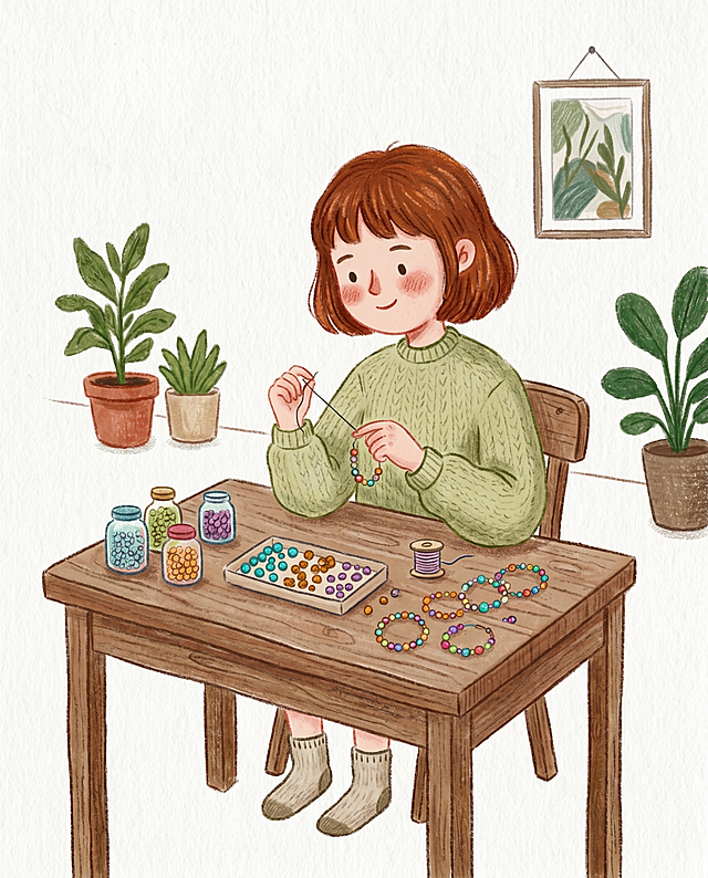 水彩风插画，手账风格呈现温馨居家场景，女孩专注串珠，木质桌椅与绿植点缀，柔和色调营造舒适氛围，简约主义设计传递宁静生活美学。
