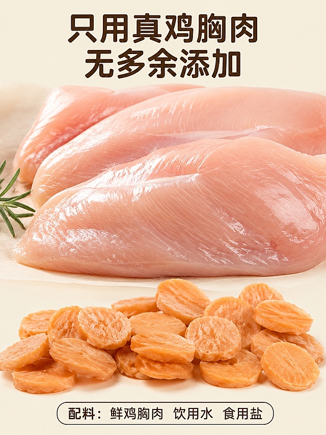 [第2屏] 成分原料展示屏，鸡肉圆片宠物零食，突出纯鸡胸肉核心卖点。
[氛围/风格] 食材自然风，真实食材展示，清晰通透，高信息密度，商业摄影质感。
[元素布局] 整块新鲜鸡胸肉占据画面上半部分约60%区域，下半区域放置鸡肉圆片产品，鸡胸肉纹理清晰可见，产品切片形态完整，整体元素放大占屏突出核心原料，本屏不使用图1生图，以真实原料展示为主。
[光影质感] 均匀柔和自然光，突出鸡胸肉新鲜纹理质感，阴影过渡自然。
[配色色系] 全局底色 #F8F4E9；主色肉粉色鸡胸肉；辅助色暖橙鸡肉片，深棕色文字。
[视角构图] 平铺俯视视角，上下分区构图，信息层级清晰。
[文字版式] 顶部主标题「只用真鸡胸肉 无多余添加」，下部标注配料信息「配料：鲜鸡胸肉 饮用水 食用盐」，使用圆角深棕色字体，信息分区清晰，文字清晰不遮挡主体原料。
[比例分辨率] 3:4 比例，4K分辨率，文字清晰可辨，高清画质。
[负向提示词] 变质食材，杂乱背景，文字过小，文字错乱，虚假配料，极端极限词。
