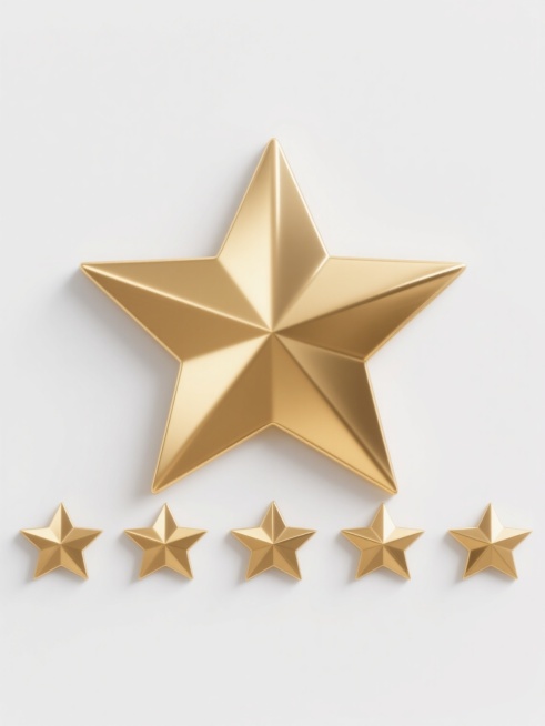 五个金色五角星组成的图案，中央为一颗最大的五角星，左右两侧各对称分布两颗较小的五角星，所有五角星呈水平直线排列，具有金属质感的立体浮雕效果，表面有细腻的光影过渡和高光反射，背景为纯白色，整体风格简洁干净，符合现实光影逻辑，适合作为背景素材使用。预览效果