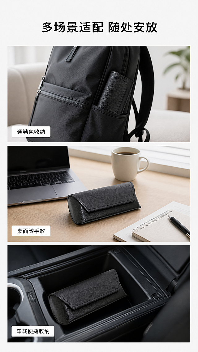 [第5屏] 多场景使用展示拼图，展示软包眼镜盒在不同日常场景中的使用。本屏使用图1作为产品主体参考，保持产品外观和尺寸与原图一致。
[氛围/风格] 生活化真实场景拼贴，自然温馨氛围感，日常实用感。
[元素布局] 三格竖排场景拼图，从上到下依次是：
1. 通勤包场景：黑色软包眼镜盒放在通勤背包侧袋中，展示便携收纳；
2. 桌面场景：眼镜盒放在办公室桌面，搭配笔记本和咖啡杯，展示日常放置；
3. 车载场景：眼镜盒放在汽车扶手箱，展示车内适配收纳；
产品在每个场景中自然摆放，每个场景占比约30%高度，场景之间留白分隔，每个场景配短标题说明。
[光影质感] 每个场景自然光感，真实自然，产品清晰，场景明亮通透。
[配色色系] 全局底色：#f5f5f5；场景真实自然配色，文字深灰色。
[视角构图] 三格竖排拼图，整体9:16竖版构图，每个场景独立完整，构图自然。
[文字版式] 顶部主标题「多场景适配 随处安放」黑色加粗居中。每个场景左下角配场景标题，白色小底黑色字，不遮挡产品主体。
[比例分辨率] 9:16竖版比例，4K分辨率，文字清晰可辨。
[负向提示词] 产品变形，颜色偏差，场景拥挤，文字遮挡产品，水印，背景杂乱。