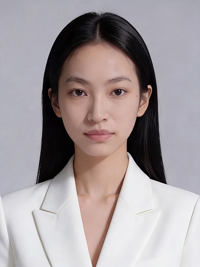 专业证件照风格，亚洲年轻女性，乌黑中分长直发，穿着干净的白色西装翻领衬衫，纯净浅灰背景，皮肤自然清透，五官精致清晰，光线柔和均匀，高清超写实，保留所有构图和人物特征不变