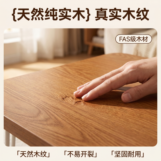 [主图 3] 纯实木材质纹理细节展示。
[氛围风格] 温馨舒适家居治愈风；
[画质] 商业摄影质感、光线柔和通透、产品清晰真实、画面干净高级。
[元素] 全屏放大展示实木茶几的天然木纹纹理，加入手部轻预览效果