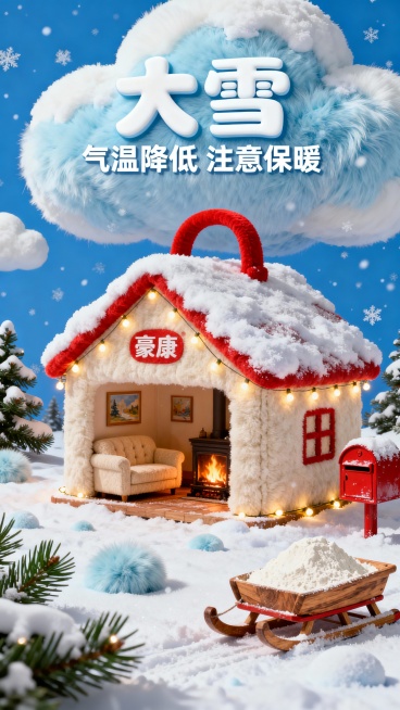 主体为豪康面粉造型小屋（屋顶积雪、红色提手，内部设米色沙发、燃火壁炉、装饰画，外围环绕暖黄串灯）；场景是飘雪的雪地，分布带雪绿松、红色信箱、载满面粉的雪橇；上方3D白色卡通字体设计的主副标题组合“大雪预览效果