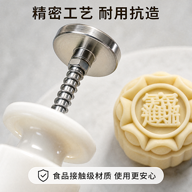 [主图-3] 产品细节特写图，展示材质与做工品质。
[氛围风格] 微距特写，突出质感的专业展示风格。
[画质] 商业摄影质感、光线柔和通透、产品清晰真实、画面干净高级，细节锐利。
[元素] 放大特写月饼手压模具的核心部位：金属螺杆结构和手柄连接处，展示金属材质和精密做工，背景做虚化处理；旁边搭配压出月饼的细节，突出图案清晰工整；保持产品材质纹理、颜色与输入产品图一致，精细化处理细节。
[光影] 侧逆光突出金属螺杆的质感和塑料手柄的光滑度，细节清晰，光影层次丰富。
[配色] 浅灰色背景，突出产品本身的银、白配色，整体干净专业。
[视角构图] 特写视角，主体细节居中，背景虚化突出主体。
[文字版式] 顶部标题“精密工艺 耐用抗造”，底部说明标注“食品接触级材质 使用更安心”，文字简洁不遮挡细节。
[比例分辨率] 1:1比例，4k分辨率，文字清晰锐利，画面超高清。
[负向提示词] 变形，水印，文字错乱，产品图模糊，背景杂乱，虚化主体。