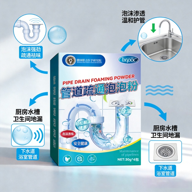 设计类型：电商主图・爆款卖点型
设计风格：简约清爽、强效清洁、家居实用
主体：管道疏通泡泡粉产品、管道、水槽、地漏示意
装饰元素：泡沫气泡、清洁波纹、疏通箭头、洁净图标
色调：蓝白为主、干净明亮、专业预览效果
