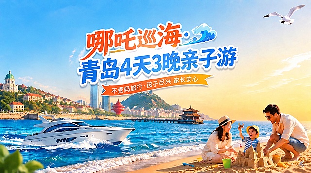 将海报中的所有文字标题整体向下轻微移动一点距离（下沉一丢丢），保持文字样式、大小、颜色、居中对齐和相对排版不变。画面其他所有元素（游艇、沙滩亲子、青岛地标建筑、海景、海鸥）全部保持原样不变。
