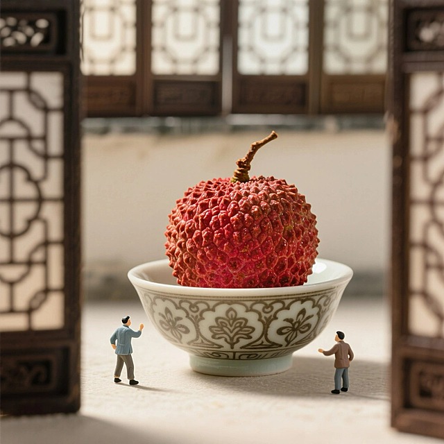 荔枝主视觉，巨大的荔枝放在精美的陶瓷碗里，碗边有精致的花纹，背景是一扇带有窗棂的古朴窗户。