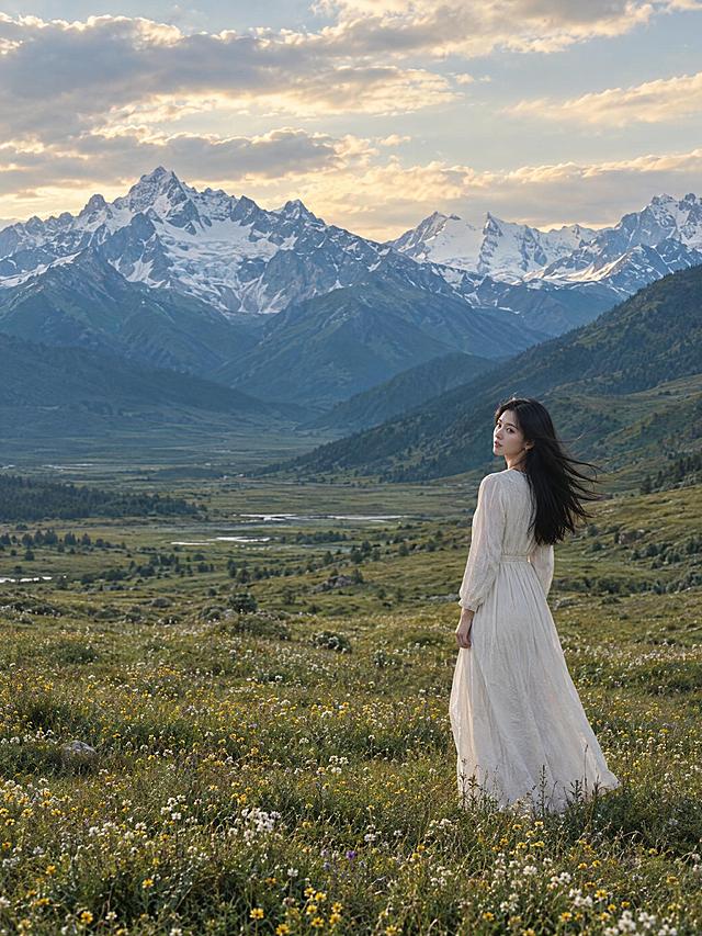 写实电影静帧，竖幅3:4。辽阔高原野花谷的远中景：同一位成年东亚女性穿米白长裙站在草甸里，从肩后微微回望镜头，黑色长发被轻风吹向一侧。画面上半部分是带积雪的青蓝山脉和浅金云层，脚下遍布细小的黄白野花，人物偏右且不占满画面。写实35mm电影摄影、温柔日光、低饱和自然色彩，静止构图，画面中无文字、无logo、无水印、无字幕。超高清2K画质，细节丰富。
