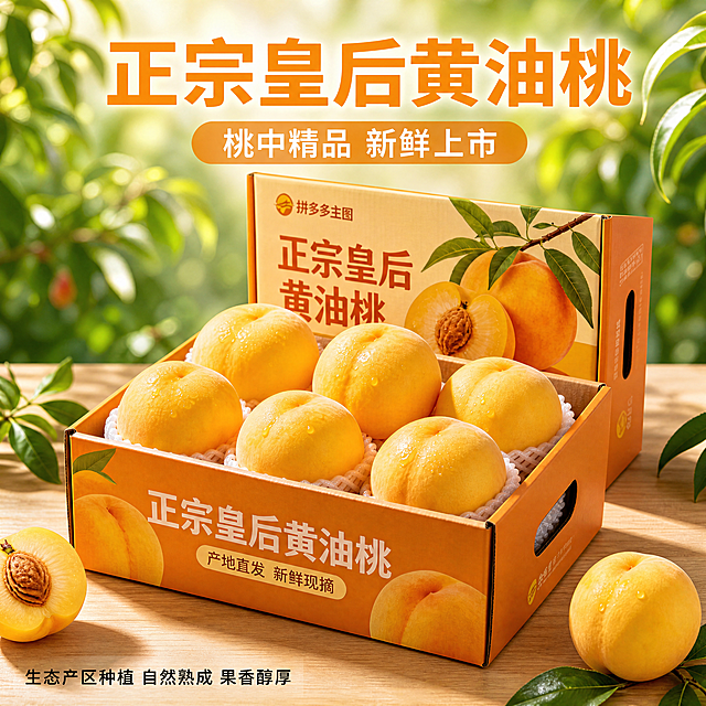 使用电商主图技能生成5张比例1:1的电商主图，适配平台为拼多多，商品为「图片1」「图片1」「图片1」「图片1」，商品卖点为皇后油桃果皮光滑无毛 免洗即食 ✅ 果肉金黄细腻 无渣爽口 ✅ 糖度足纯甜 果香浓郁 ✅ 软硬两吃 老人小孩都爱吃 ✅ 精品礼盒包装 送礼有面 ✅ 产地现摘 新鲜直达 坏果包赔，轮播图 1（整体果堆 + 礼盒全景） 正宗皇后黄油桃 | 桃中精品 新鲜上市 生态产区种植，自然熟成，果香醇厚 轮播图 2（果实特写 + 表皮细节） 金黄油亮 通体无毛 果形饱满圆润，颜值出众，一口沦陷 轮播图 3（切开果肉 + 汁水特写） 金黄果肉 脆甜爆汁 肉质紧实细腻，清甜不腻，满满桃香 轮播图 4（口感介绍） 一桃两吃 风味多样 脆吃爽脆多汁，放软绵密香甜，全家适口 轮播图 5（礼盒展示 + 售后） 精品礼盒装 地道特产 产地直发 全程鲜运 坏果包赔 放心选购