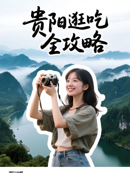 写实抠图人像，人像周围有描边，一个女生拿着相机拍照，标题为创意手写字“贵阳逛吃全攻略”，背景为贵阳山水风景预览效果