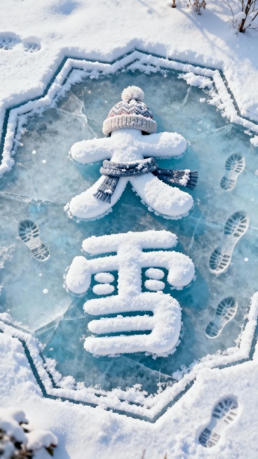 俯视视角，画面主视觉是雪地中的 “大雪”文字（字体圆润可爱），文字部分像被踩踏，露出淡蓝色冰面。雪质细腻带自然纹理，装饰帽子、围巾、足迹，搭配雪堆成的几何线条作为边框。预览效果