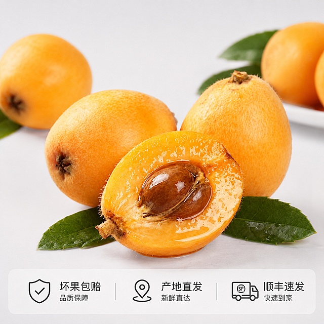 [主图-5] 服务承诺展示；[氛围风格] 简洁干净，打消购买顾虑；[画质] 商业摄影质感、光线柔和通透、产品清晰真实、画面干净高级；[元素] 保持枇杷外观（物理结构、材质质感、颜色）与输入产品图绝对一致，杜绝任何变形和色差，精细化处理。整颗完整枇杷与切半枇杷组合摆放，展示商品全貌，底部设置半透明悬浮条，横向排列服务承诺，商品主体占比60%；[光影] 均匀柔和棚拍光线，突出产品干净新鲜；[配色] 浅灰白色背景，暖黄果实，深灰色服务文字，对比清晰；[视角构图] 居中对称构图，稳重大方；[文字版式] 底部半透明悬浮条横向排列服务：坏果包赔、产地直发、顺丰速发，图标+文字组合，文字清晰不遮挡主体；[比例分辨率] 1:1比例，2K分辨率，文字清晰可辨，超高清；[负向提示词] 变形，文字错乱，产品图模糊，背景杂乱，水印，电商平台Logo