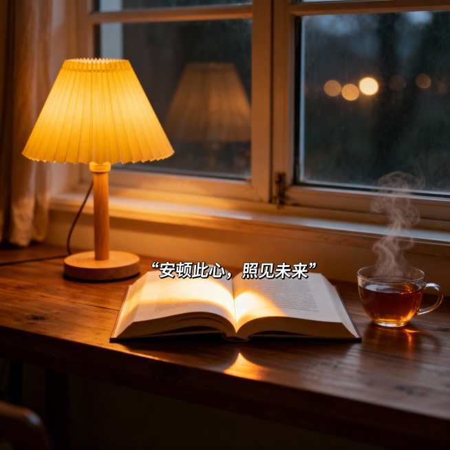 一盏灯、一杯茶、一本摊开的书在窗边的温馨特写，或一束光穿过书籍的图片，呼应“安顿此心，照见未来”的温暖与希望感。预览效果