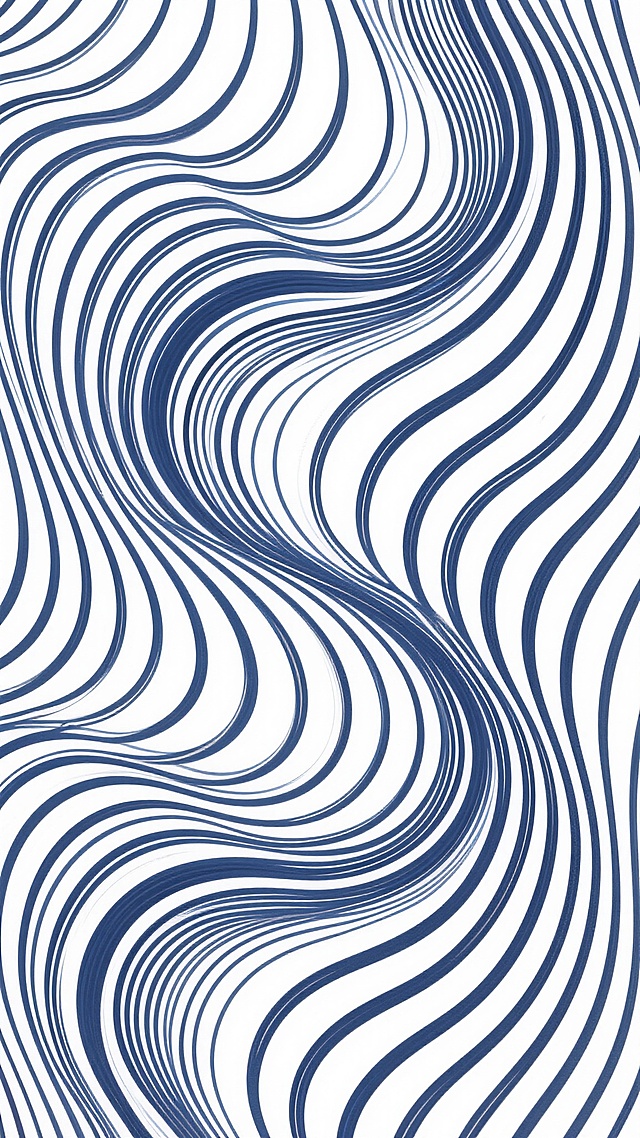 抽象艺术风格，以白色为底色，覆盖着密集、细长且相互平行的深蓝色线条纹理，线条呈现出柔和的波浪状扭曲，形成流畅自然的曲线起伏，整体视觉效果具有强烈的动感和韵律感，线条排列紧密有序，间距均匀，扭曲形态自然和谐，无明显规则图案，仅通过线条的方向变化和疏密对比营造出丰富的层次感和视觉张力。