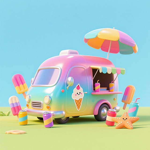 一辆冰淇淋车，周围有冰棒、饮料、海星、遮阳伞等元素做装饰，撞色，淡蓝色背景