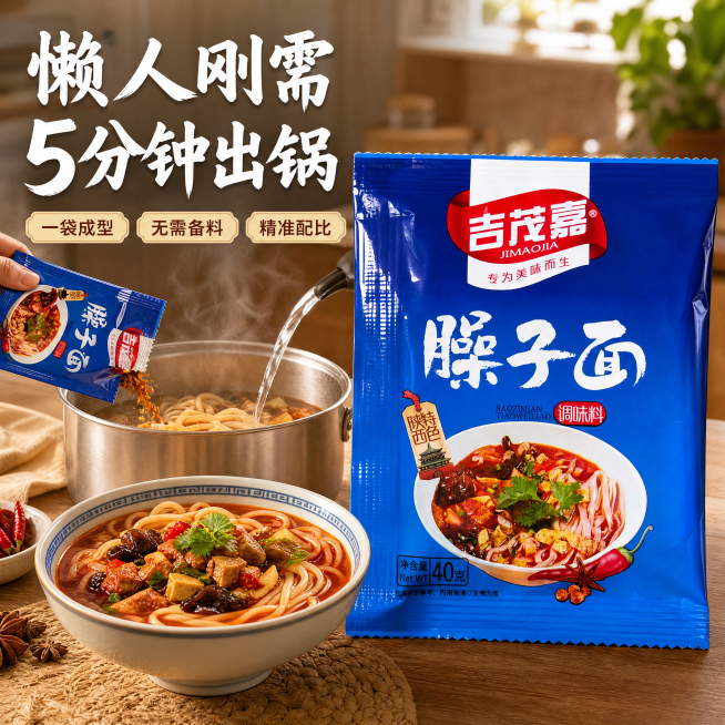 [主图-2] 臊子面调味料便捷卖点展示。[氛围风格] 简单大气陕西特色风格，大字直白，拼多多平台适配。[画质] 商业摄影质感、光线柔和通透、产品清晰真实、画面干净高级。[元素] 臊子面调味料包装袋放在预览效果