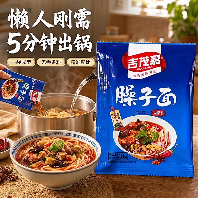 [主图-2] 臊子面调味料便捷卖点展示。[氛围风格] 简单大气陕西特色风格，大字直白，拼多多平台适配。[画质] 商业摄影质感、光线柔和通透、产品清晰真实、画面干净高级。[元素] 臊子面调味料包装袋放在右侧，保持产品外观与输入产品图绝对一致，杜绝变形色差。左侧展示煮好的臊子面成品，煮面锅旁边放着拆开的调料袋，开水正在倒入锅中，展示简单制作过程。商品主体占比严格控制在 60%-80% 之间，画面满屏无边框。[光影] 自然厨房暖光，主光突出产品和煮面场景，光线通透，整体温暖有生活气息。[配色] 主色蓝色包装，搭配面条麦色和汤汁红色，背景浅木色厨房台面，干净清爽。[视角构图] 平视45度，前中后景分层清晰，构图不重复。[文字版式] 左侧大字主文案"懒人刚需" 5分钟出锅，白色粗体；分点展示卖点："一袋成型" "无需备料" "精准配比"，每个卖点配小标签，文字清晰不遮挡主体。[比例分辨率] 1:1 比例，4k 分辨率；文字清晰锐利，画面超高清。[负向提示词] 变形，水印，文字错乱，产品图模糊，背景杂乱，价格信息。