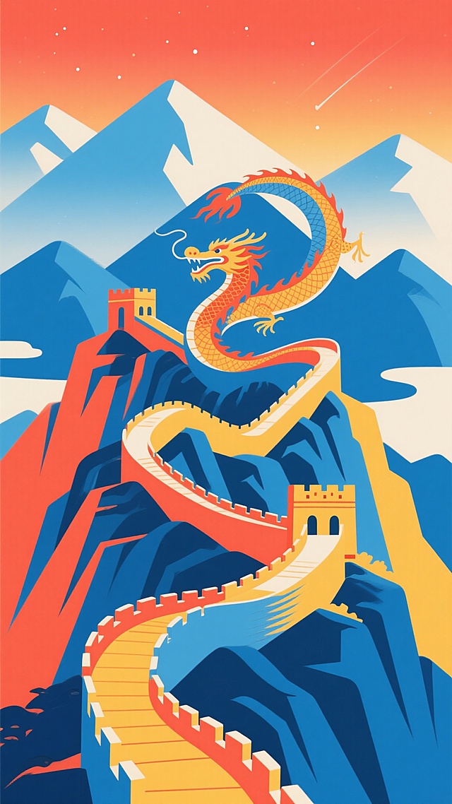 一幅中国长城的插画风格艺术作品，蜿蜒的长城如巨龙般盘踞在层峦叠嶂的山峰之上，采用扁平化设计风格，以靛蓝色、橙红色和明黄色为主色调，背景是抽象化的几何山脉与渐变星空，画面简洁明快，富有现代设计感，展现出长城的雄伟与壮丽，同时呈现出与原照片截然不同的视觉效果和艺术氛围。