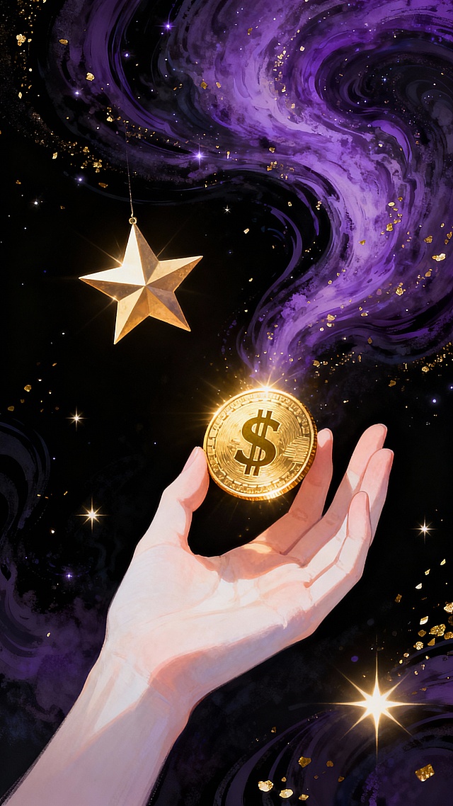 一只纤细白皙的手，手指轻柔地从画面右侧伸出，掌心向上托举着一枚闪耀着金色光芒的金币，金币上有一个醒目的美元符号“$”，金币被调整到画面的中心偏右下位置，手的姿态自然舒展，指尖微微弯曲轻触金币边缘。背景是深邃的黑色与神秘的紫色交织的流动漩涡状纹理，如同宇宙星云般环绕，金色的细碎闪光点和几处明亮的星形光斑点缀其间，其中一颗较大的五角星位于金币的左上方，散发着耀眼的光芒，整体画面呈现出梦幻、神秘且带有浓郁艺术气息的插画风格，色彩和谐统一，光影对比鲜明，营造出宁静而富有奇幻色彩的氛围。