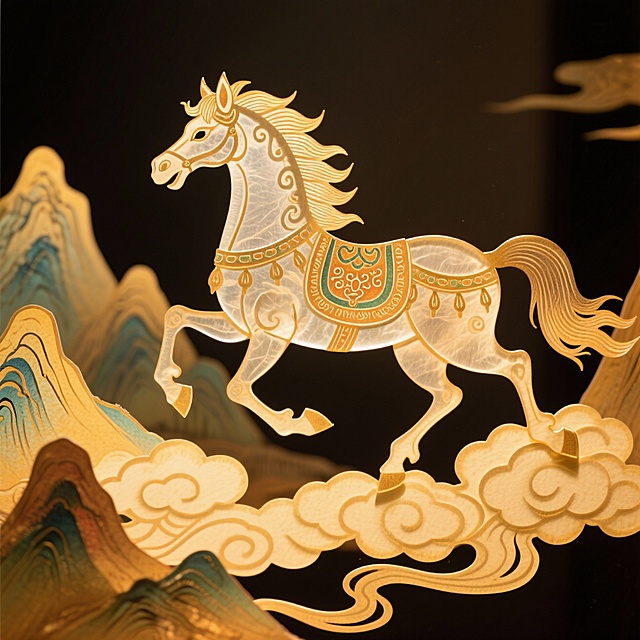 鎏金剪纸风骏马踏云，古典中式意境交融梦幻与优雅，奢华质感中透出唯美的东方神韵。