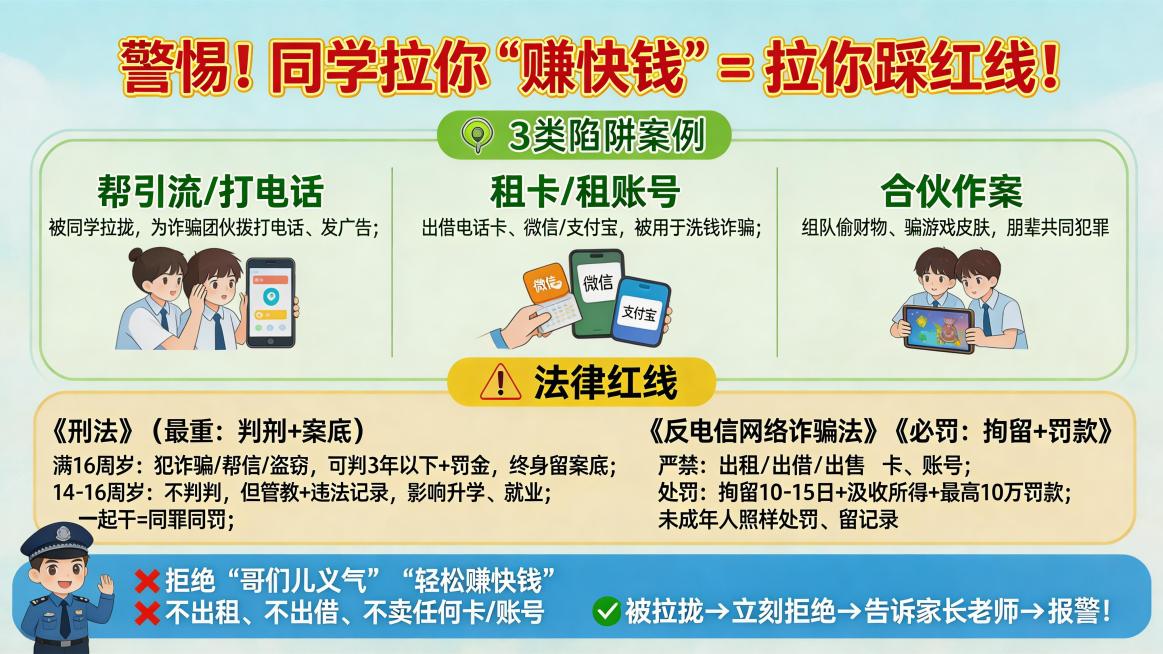 未成年人反诈宣传海报，民警宣讲主题，动漫风排版清爽校园风，浅蓝浅白色底色。顶部红色醒目大字标题配黄色描边"警惕！同学拉你 “赚快钱” = 拉你踩红线！"。绿色框动漫插画区展示3类精简案例，圆润卡通字体预览效果