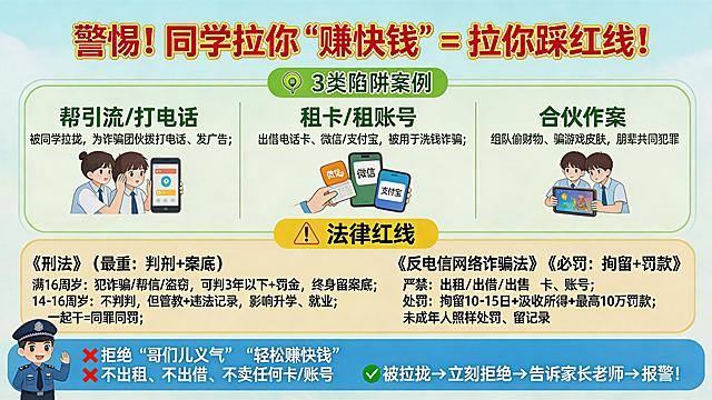 未成年人反诈宣传海报，民警宣讲主题，动漫风排版清爽校园风，浅蓝浅白色底色。顶部红色醒目大字标题配黄色描边"警惕！同学拉你 “赚快钱” = 拉你踩红线！"。绿色框动漫插画区展示3类精简案例，圆润卡通字体写着"帮引流/打电话：被同学拉拢，为诈骗团伙拨打电话、发广告；租卡/租账号：出借电话卡、微信/支付宝，被用于洗钱诈骗；合伙作案：组队偷财物、骗游戏皮肤，朋辈共同犯罪"，配学生被拉拢场景插画。黄色橙色警示色块法条区，醒目粗体写着"《刑法》（最重：判刑+案底）满16周岁：犯诈骗/帮信/盗窃，可判3年以下+罚金，终身留案底；14-16周岁：不判刑，但管教+违法记录，影响升学、就业；一起干=同罪同罚；《反电信网络诈骗法》（必罚：拘留+罚款）严禁：出租/出借/出售 卡、账号；处罚：拘留10-15日+没收所得+最高10万罚款；未成年人照样处罚、留记录"。底部蓝色粗体民警硬核警示标语，配警察动漫小人图标，写着"❌ 拒绝 “哥们儿义气”“轻松赚快钱”❌ 不出租、不出借、不卖任何卡/账号✅ 被拉拢→立刻拒绝→告诉家长老师→报警！"