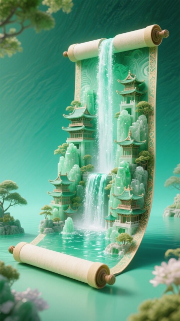 青绿色为主色调。绿色暗纹渐变背景，画面主体是华丽精致的立体卷轴展开的效果，卷轴内玉石质感的古代楼阁林立，质感细腻，瀑布从天而降，水质透明，波光粼粼，精致和艺术感兼具，整体明亮立体预览效果