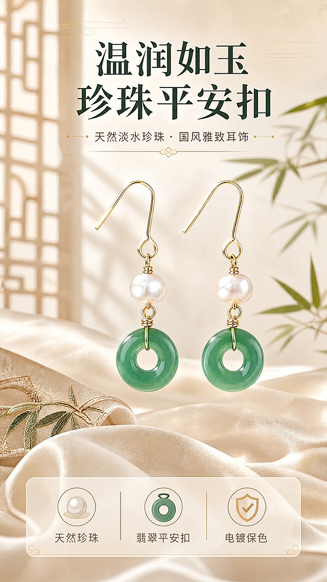 [商品] 使用【图1】天然珍珠平安扣耳环；保留金色耳钩、白色淡水珍珠、翡翠绿平安扣的结构、颜色和材质质感；增强珍珠光泽与玉石温润感，金属部分提亮保色质感。
[画面] 目标：氛围头图，突出东方雅致国风调性。构图居中偏上，耳环悬浮于画面中央，产品占画面45%；前景散落浅米色丝绸布料，中景耳环主体，后景虚化的中式窗格光影与竹叶剪影，三层视觉层次。柔和侧逆光勾勒珍珠与玉石轮廓。
[视觉] 套系策略：风格=东方雅致国风商业摄影；标题字=宋体衬线粗体；正文字=现代细黑体；主色=玉绿+米白；背景延展=基于米白做深浅渐变、宣纸纹理与柔光层次；强调色=香槟金，仅用于小面积图标、引线和装饰线条；标题色=深墨绿；正文色=暖灰棕；组件=细线引线、圆角浅底信息卡、中式分隔线；光影=左前侧暖柔光+侧逆轮廓光。
[文字] 上方主标题"温润如玉 珍珠平安扣"，副标题"天然淡水珍珠 · 国风雅致耳饰"，下方点缀3个小卖点图标+文字：天然珍珠、翡翠平安扣、电镀保色。文字均为横排，不遮挡耳环主体。
[规格] 图片比例9:16竖版，4K，避免变形、错字、文字过小、冷蓝背景、耳环颜色改变、结构失真。
