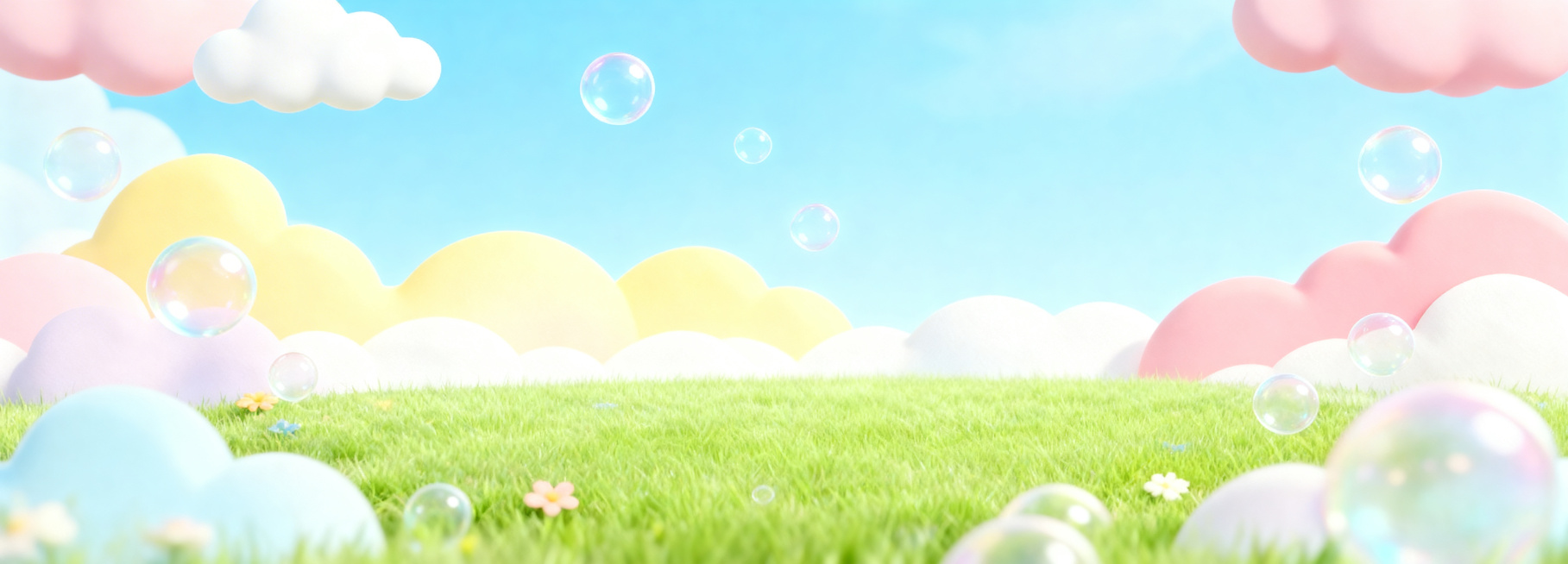 保留原图案所有元素，去除右下角的“豆包AI生成”文字，画面为3D软萌风格，浅蓝色天空，马卡龙色云朵，青草地和小花，透明泡泡，整体元素保持不变，无多余文字预览效果