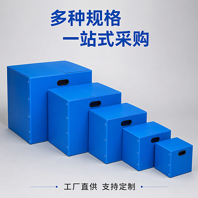 [主图-10] 中空板周转箱整箱套装展示。
[氛围风格] 全家福陈列，品牌质感。
[画质] 商业摄影质感，光线均匀通透，产品清晰真实，画面干净高级。
[元素] 多个不同尺寸的蓝色中空板周转箱整齐排列展示，从大到小依次错落摆放，每个箱体保持产品外观（物理结构、材质质感、颜色）与输入产品图绝对一致，杜绝任何变形和色差。背景浅灰色简洁干净，整体排列整齐有序。商品占比约75%。
[光影] 均匀布光，每个箱体轮廓清晰，阴影柔和，整体通透。
[配色] 统一蓝色箱体，背景浅灰，整体配色干净协调。
[文字版式] 顶部大字主文案{多种规格} 一站式采购，底部小字标注"工厂直供 支持定制"，文字不遮挡产品主体，排版整齐。
[比例分辨率] 1:1 比例，4k 分辨率，文字清晰可辨，超高清。
[负向提示词] 变形，水印，文字错乱，产品图模糊，背景杂乱。