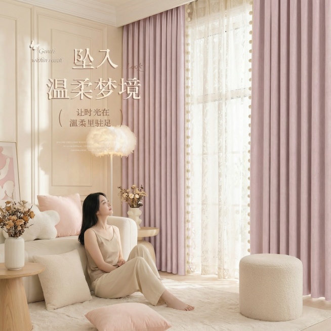 不改变窗帘的面料材质，切换不同的家装场景（最好是少女风奶油风），改变角度，保留文字，一次生成3张；预览效果